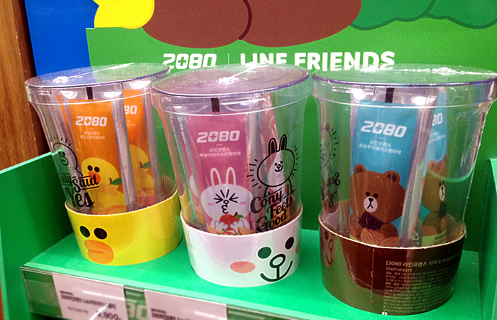  
Naver's chatting app Line has its own set of cartoon characters, all of which can be used to brand all sorts of products, including plastic cups.